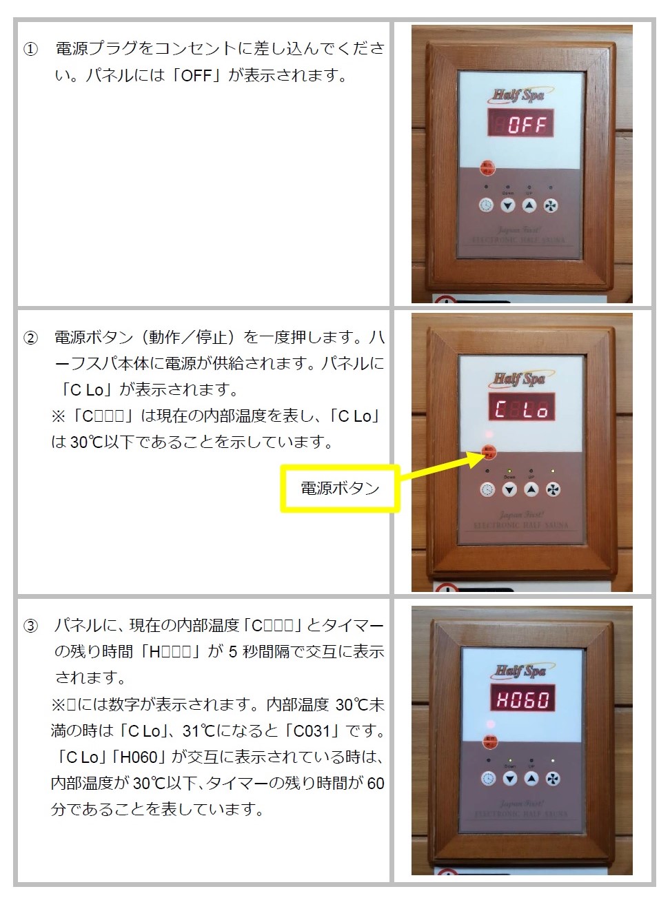 デザイン変更前の温度設定パネル ハーフスパ使用方法 遠赤外線半身浴サウナ ハーフスパ